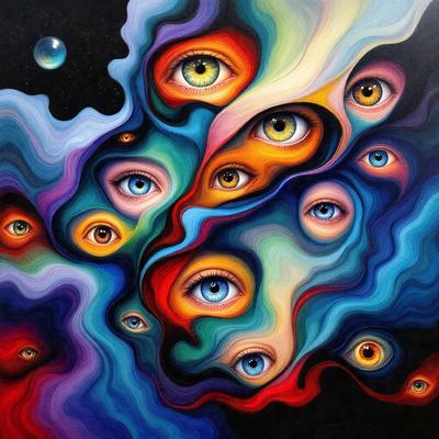 The primary subject of the image is a close-up of a person's face with multiple eyes. The face is surrounded by a vibrant and colorful background, which adds to the overall atmosphere of the image. The visual style appears to be a combination of digital art and illustration, creating a unique and eye-catching piece of art. The colors used in the image are predominantly blue and red, which contribute to the overall mood and energy of the piece.